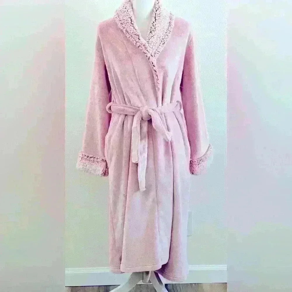 Saks Fifth Avenue Faux Fur Trim Robe in Pink Size Medium